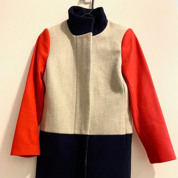 NWOT J. Crew Colorblock Red Blue Gray Wool Coat 0P - Picture 1 of 6